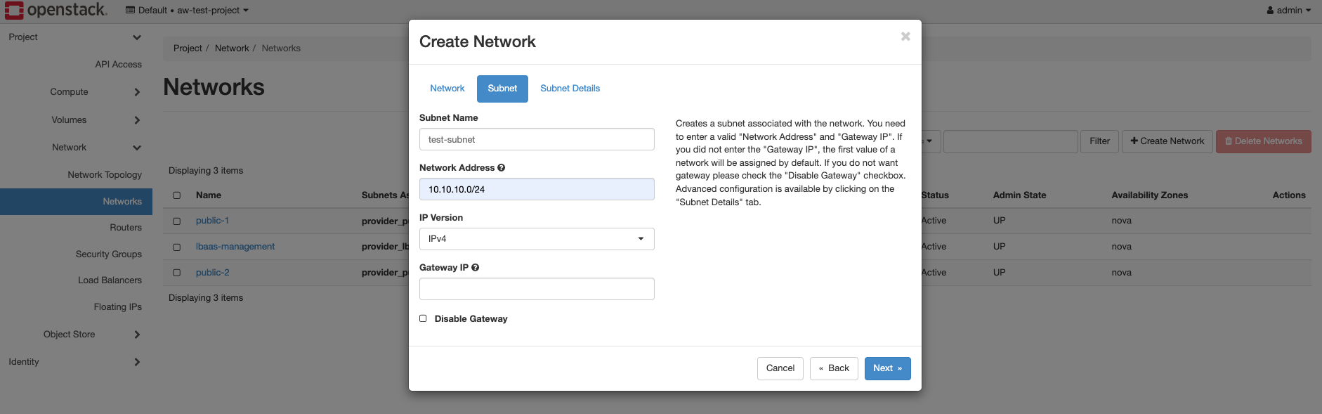 Openstack New Network define subnet